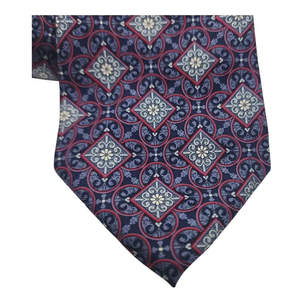 Christian Dior Tie Mens Blue Silk Geometric Medallion Pattern Classic Necktie